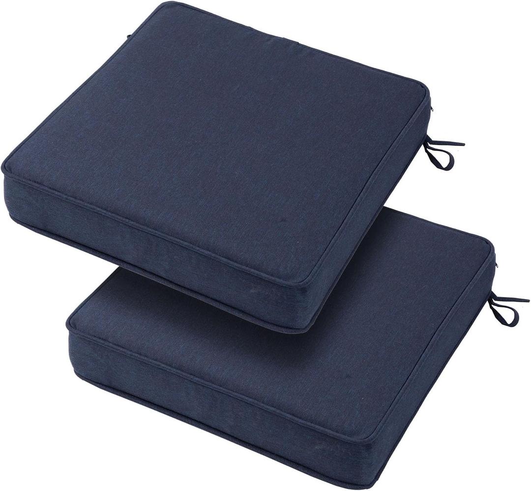 19x19x3 Inch Outdoor Square Corner Chair Cushions with Ties Set of 2, Water&Fade Resistant Thick Seat Cushion Pads for Garden Patio Dining Porch Furniture - Navy Blue