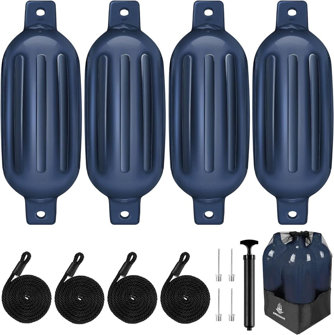 Dreizack Boat Fenders 4 Pack, Boat Bumpers for Docking with 4 Ropes, Inflatable Ribbed Marine Pontoon Boat Fender Bumper for Docks with 1 Storage Bag, 1 Air Pump and 4 Needles (8.5 inch, Navy)