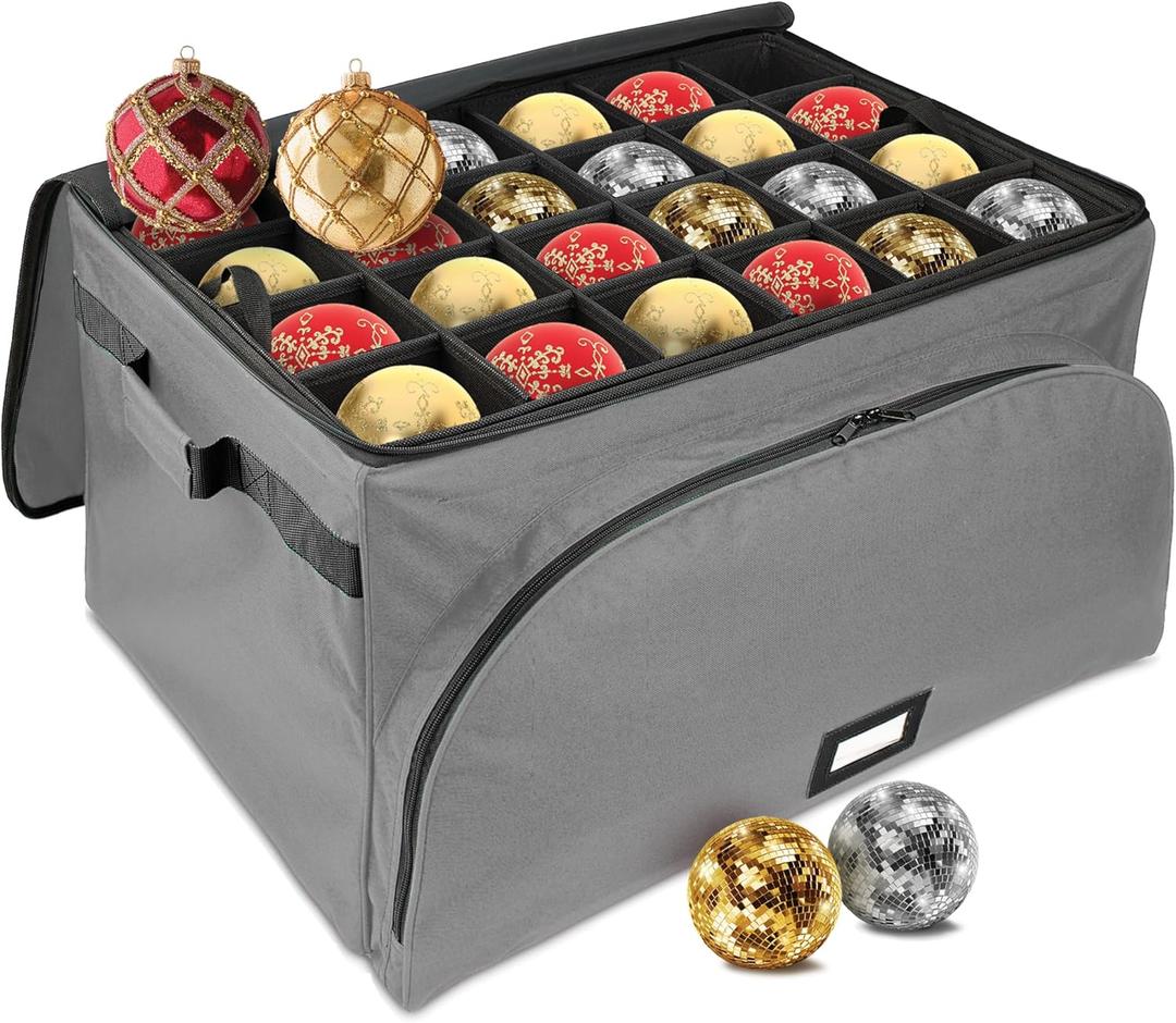 HOLDN STORAGE Premium Christmas Ornament Storage Box  Holds up to 72 4 Ornaments, Durable 600D Fabric, Adjustable Dividers, 3 Removable Trays  Metal Frame  Gray