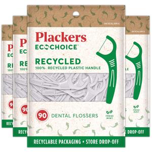 Plackers EcoChoice Fresh Mint Recycled Dental Flossers, Easy Grip Handle, Built in Toothpick, Made with 100% Recycled Food Grade Plastic, 360 Count (Pack of 4)