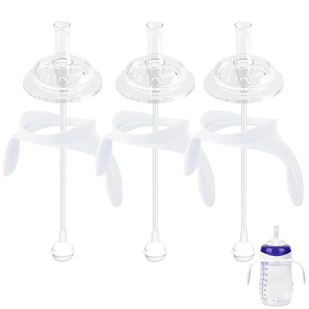 Straw Sippy Cup Conversion Kit for Lansinoh Baby Bottles, Soft Top and Weighted Straw Transition Kit with Handles, Set of 3