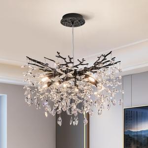 Modern Tree Branch Crystal Chandelier Luxury Blacl Crystal Pendant Lighting 23.6" Contemporary 8-Light Chandeliers for Dining Room Kitchen Bedroom Living Room (23.6" Round, Black)
