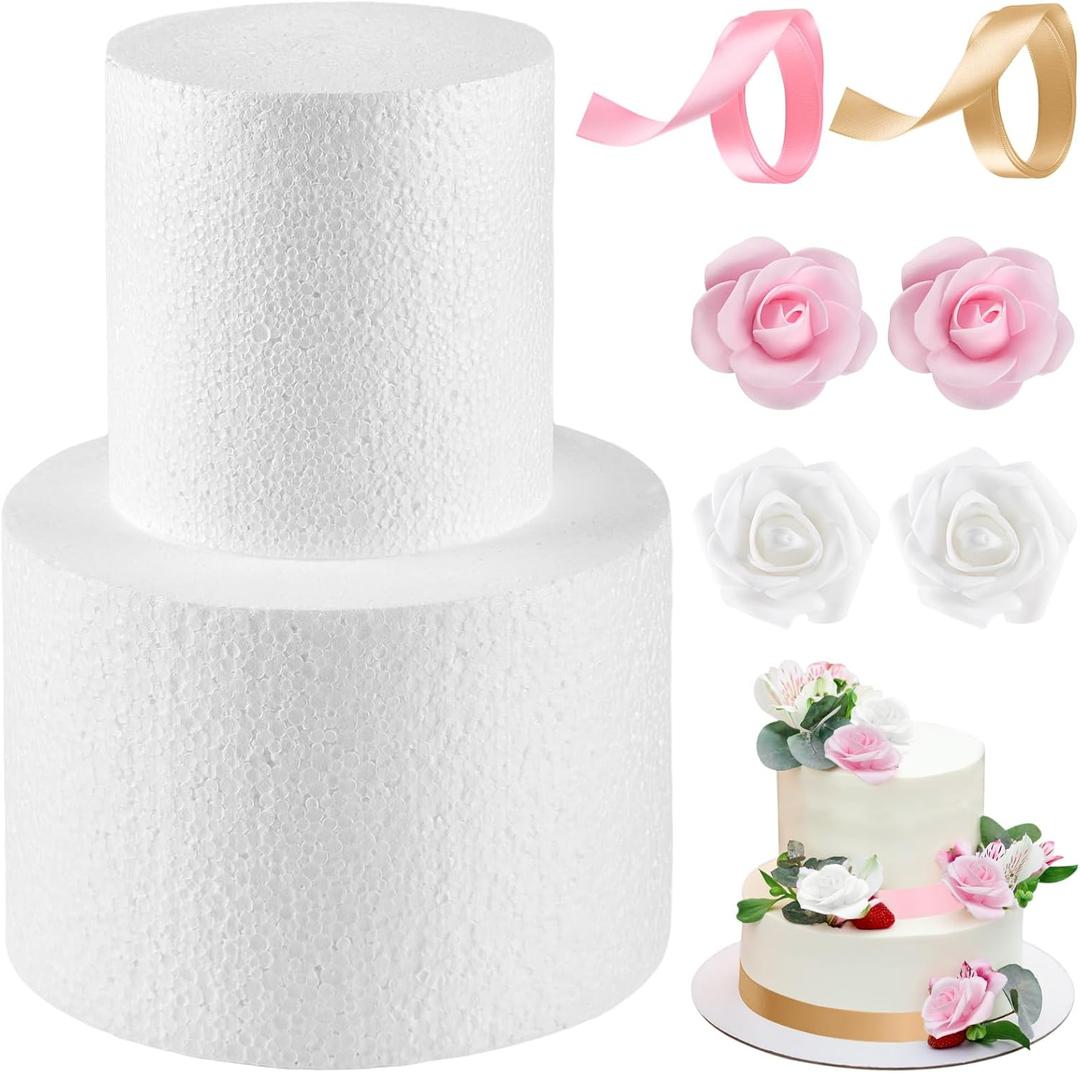 2 Tiers Foam Cake Dummies Set 4" 6", PLULON White Round Practice Cake Dummy 8 Inch Tall with Artificial Roses and Ribbons for Wedding Baby Shower Birthday Anniversary Christmas Party Supplies