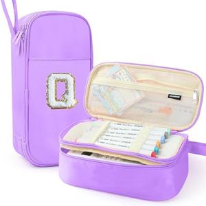 Nuozme Large Pencil Case,Big Capacity Pencil Pouch,Personalized Initial Pencil Bag with smooth zipper,Multiple Pockets,Cute Aesthetic Stationery Pen Case Bag for Teen Girls College (Purple, Q)
