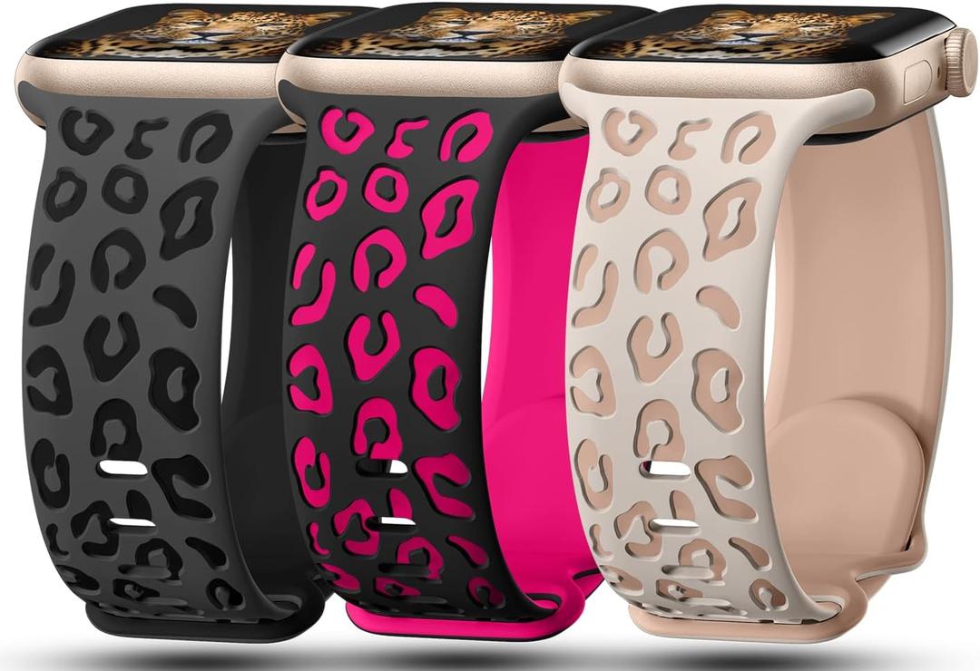 3 Pack Leopard Engraved Bands Compatible with Apple Watch Band 41mm 40mm 38mm 42mm 44mm 45mm 46mm 49mm Women, Soft Silicone Cheetah Embossed Sport Strap for iWatch Series 10 9 8 7 6 5 4 3 2 1 Ultra (DGrey&Black,Black&Hotpink,Starlight&Nude Tan)