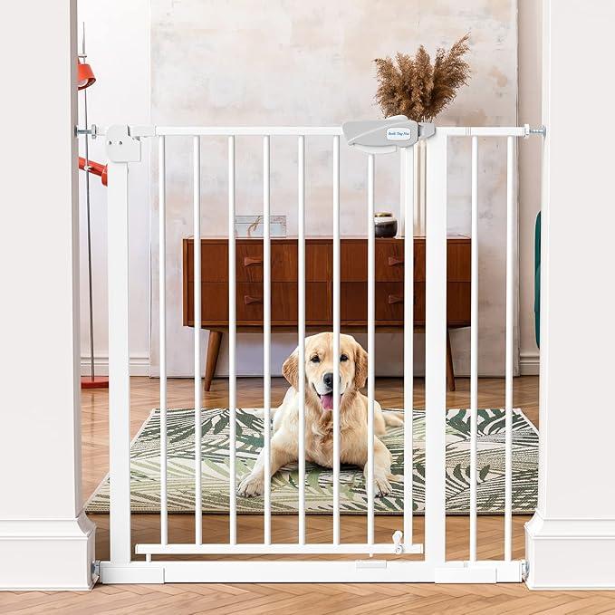 MEEGEEM Baby Gate - 40'' Extra Tall and 30''-37'' Adjustable Width Pet Gate for Stairs & Doorways & House and More, Can Use As Dog Gate, Pressure Mounted, No Drilling, Auto Close, White