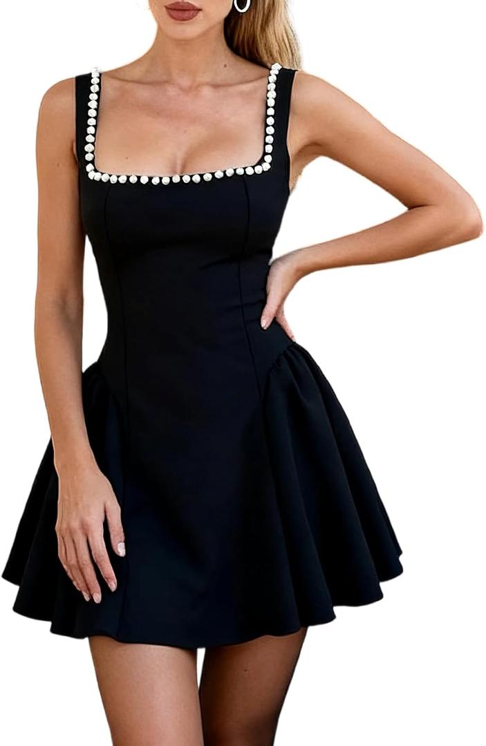 Womens Sexy Square Neck Mini Pearl Dress Sleeveless Backless A Line Ruffle Short Wedding Guest Dresses (Black, L)