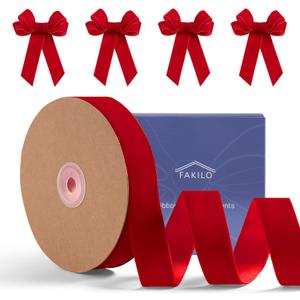 Red Velvet Ribbon 1 Inch x 25 Yd, FAKILO Ribbon Red Velvet Perfect for Christmas Tree, Wreath, Gift Wrapping, Bows, Flower Bouquet, Wedding Home Decor