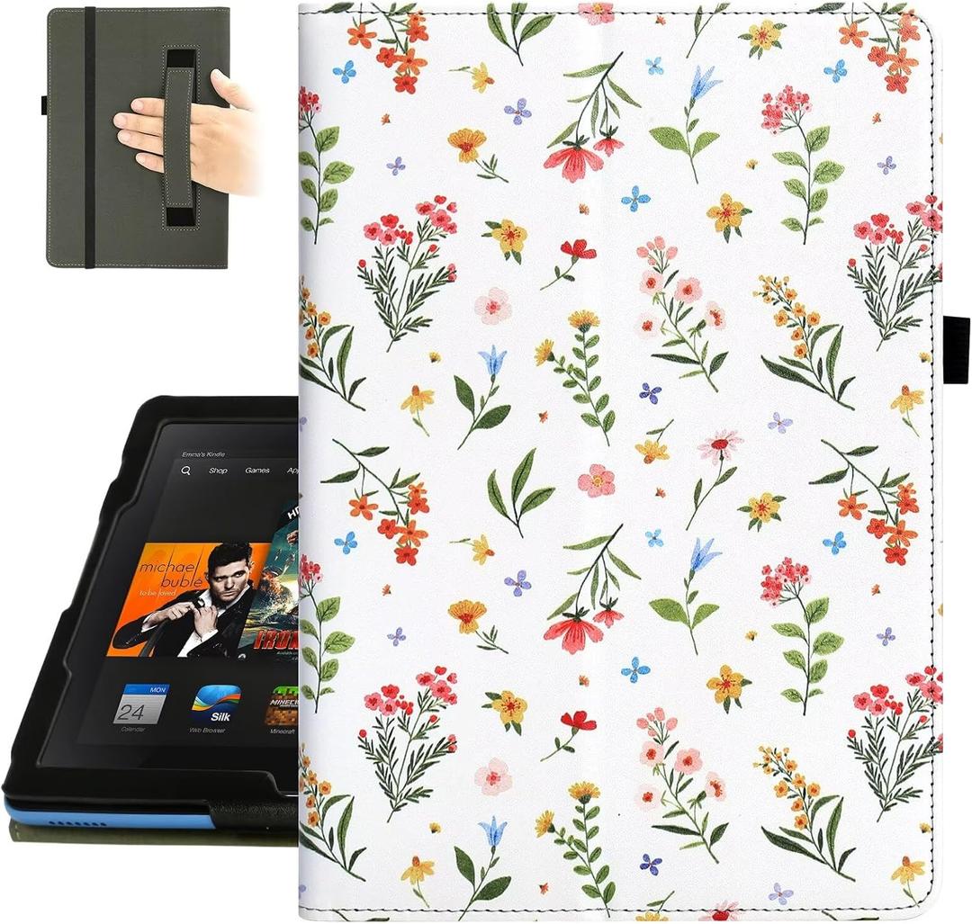 Fancity Case for All-New Amazon Kindle Fire HD 10 Tablet (13th/11th Generation 2023/2021 Release) and Fire HD 10 Plus - Slim Folding Stand Folio Cover with Auto Wake/Sleep & Hand Strap, White Floral