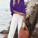 Diosun Womens Casual Button Down Shirts V Neck Long Sleeve Cotton Loose Fit Plain Work Blouse Tops with Pocket (Purple, M)