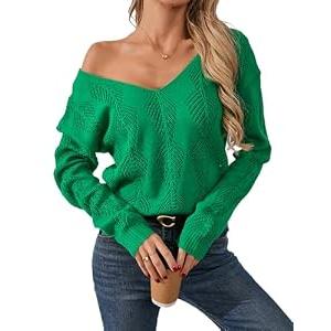 Libsorge Womens V Neck Cardigan Sweaters for Women Leaf Crochet Reversible Sweaters Fall 2025 Sexy Cropped Lightweight Hollow Out Knit Off The Shoulder Long Sleeve Button Pollover Tops Green M
