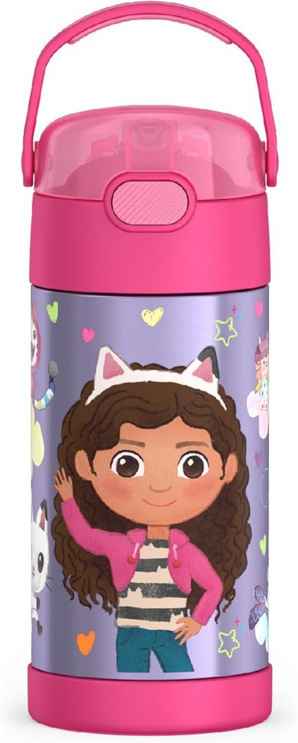 THERMOS FUNTAINER Water Bottle with Straw - 12 Ounce - Kids Stainless Steel Vacuum Insulated Water Bottle with Lid, Gabbys Dollhouse
