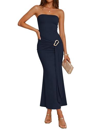 ZESICA Women's 2026 Summer Strapless Bodycon Maxi Dress Tube Elegant Beach Vacation Wedding Guest Cocktail Party Long Dresses, Navy, XL