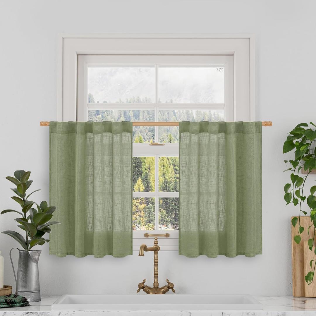 LAMIT Short Linen Window Curtains 30 Inches Long 2 Panels, Sage Green Semi Sheer Light Filtering Panels Back Tab and Rod Pocket Neutral Drapes for Basement/Small Windows, 34 x 30 Inch