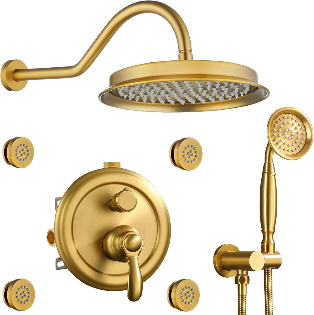 Brushed-Gold Antique Shower System with Jets: 9 inch Rain Faucet Sets Complete Wall Rainfall Head and Handheld Spray Fixtures Combo, 3 Way Diverter Brass Rough in Valve Trim Kit
