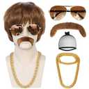 ANOGOL Hair Cap+5 Piece Set (1 Glasses+1 Chain+1 Mustache) Brown Mens Wigs 70s 80s Disco Short Wigs Disco Party Wig for Men Brown Synthetic Hair Rocker Costume Set for Halloween Party