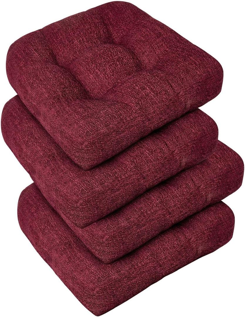 downluxe Chair Cushions for Dining Chairs 4 Pack, Tufted Indoor Chair Pads with Non-Slip Bottom, U-Shaped Kitchen Chair Cushions, 17"x17"x4", Burgundy