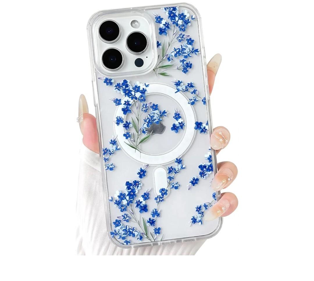 NITITOP Compatible with iPhone 13 Pro Case Clear Magnetic Compatible with MagSafe Cute Flowers Floral Leaves for Women Girls Hard PC Back Shockproof Protective Phone Cover  Blue