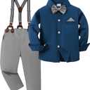 DISAUR Baby Boy Clothes Suits Toddler Dress Shirt With Bowtie Suspender Pants Outfit Sets Gentleman Wedding (Blue, Size 5-6T)