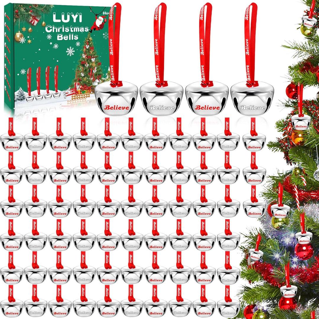 80 Sets Christmas Bells Ornaments, Christmas Believe Bells Bulk Polar Express Decorations Xmas Party Gifts Favors Silver Sleigh Jingle Bells for Christmas Tree Home Decoration(1.6 Inch)