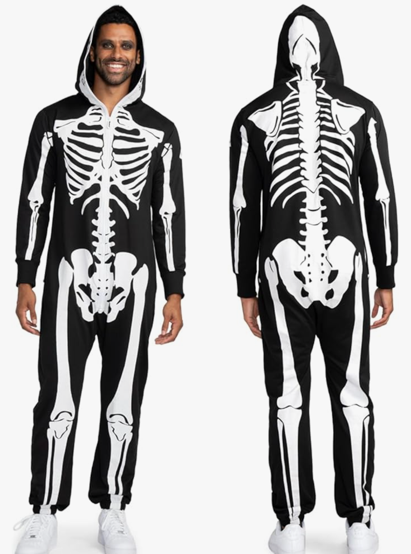 Halloween Skeleton Costume for Men - Comfy Adult Skeleton Jumpsuit with Hood Size XL