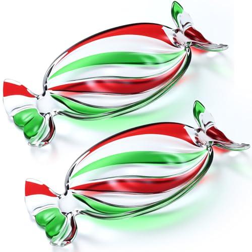 Maxcheck 2 Pcs Christmas Candy Platter Glass Candy Dish Tray Decorative Dessert Plate for Xmas Parties Holiday Treats Bowls Crystal Fruit Plates for Party Snack Storage (Large,Red Green)