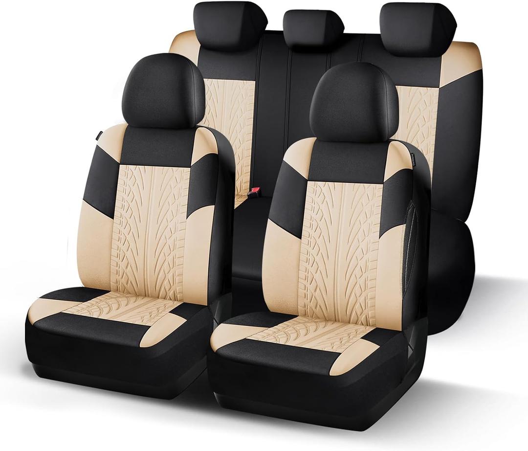 HChengkikz Car Seat Cover Full Set, Cloth Car Seat Covers, Car Seat Covers Airbag Compatible, Universal Fit for Most Cars, Truck, SUV (Black + Beige)