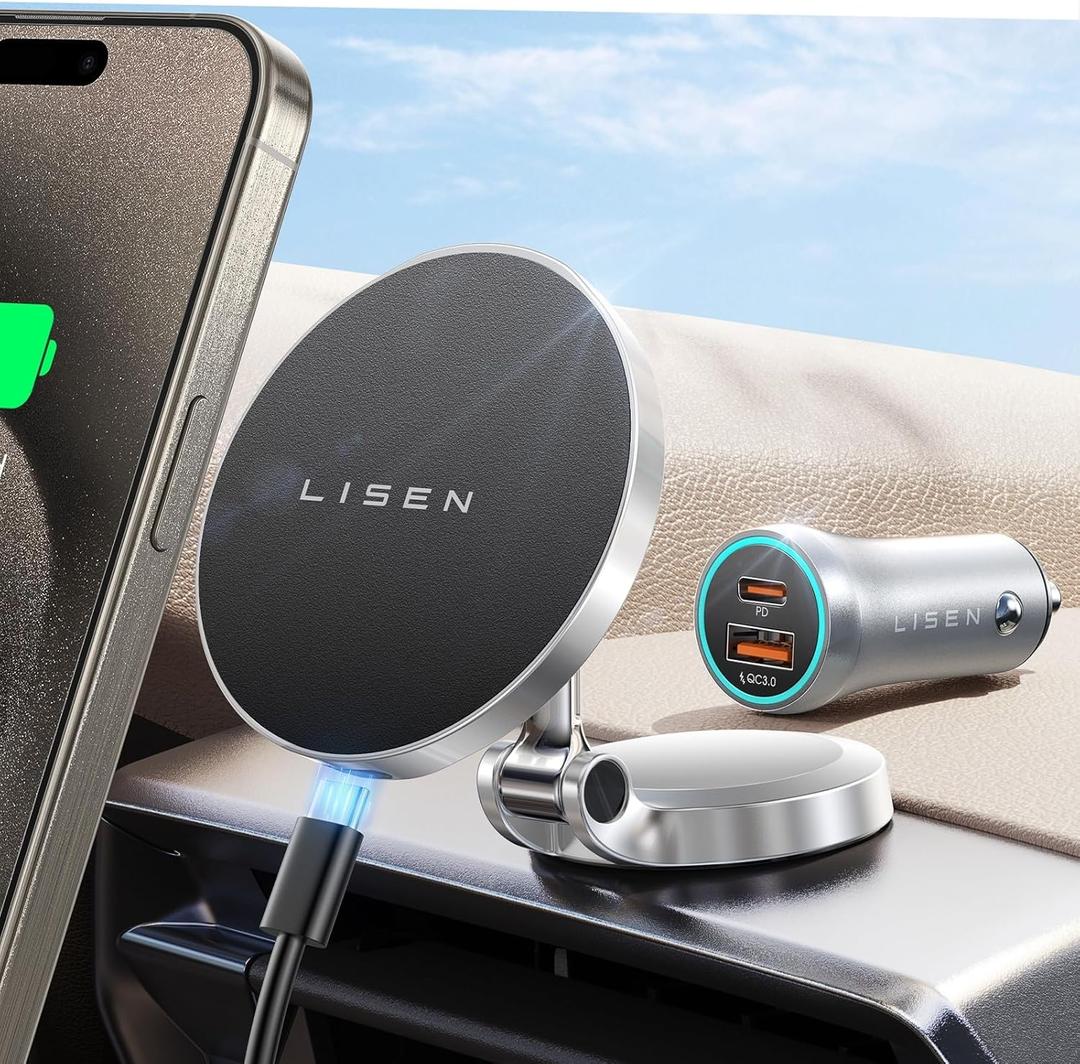 LISEN for Magsafe Car Mount Charger, [Upgrade Set] 360 Rotation Wireless Magsafe Car Charger, Foldable Car Phone Holder Dashboard fit iPhone 16 Pro Max Plus 15 14 13 12, Samsung with MagSafe Case