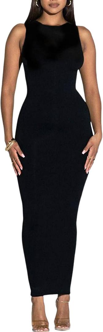 Women's Summer Long Bodycon Dress - Casual Basic Club Party Sleeveless Tank Sheath Dresses (Black, M)
