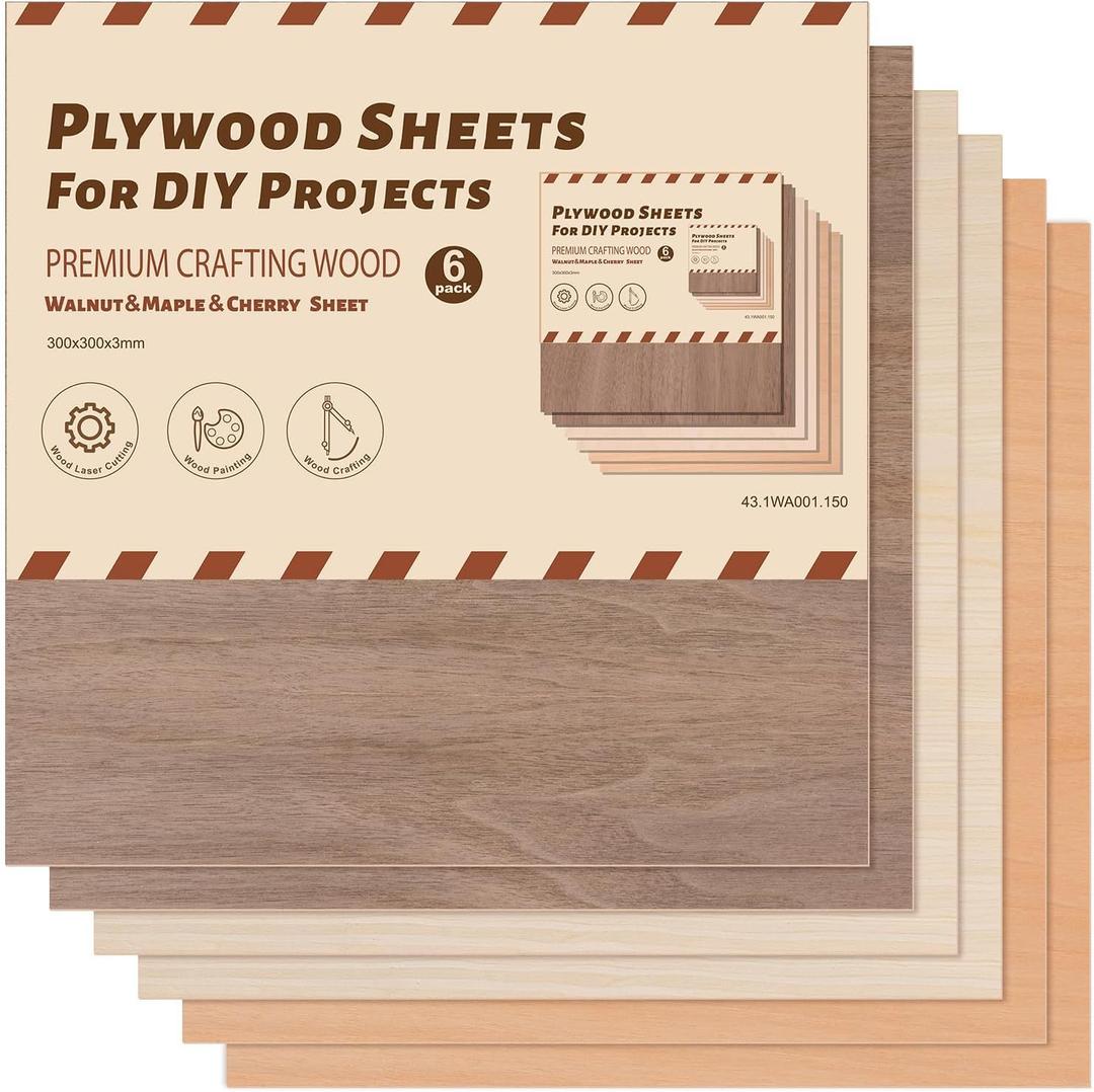 ROBOTIME 6-Pack Laser Wood Sheets 1/8" - 12 x 12 x 1/8 Inch - Cheery2Pcs &Walnut2Pcs &Maple2Pcs - 3mm Plywood for Laser Cutting, Laser Engraving Blanks