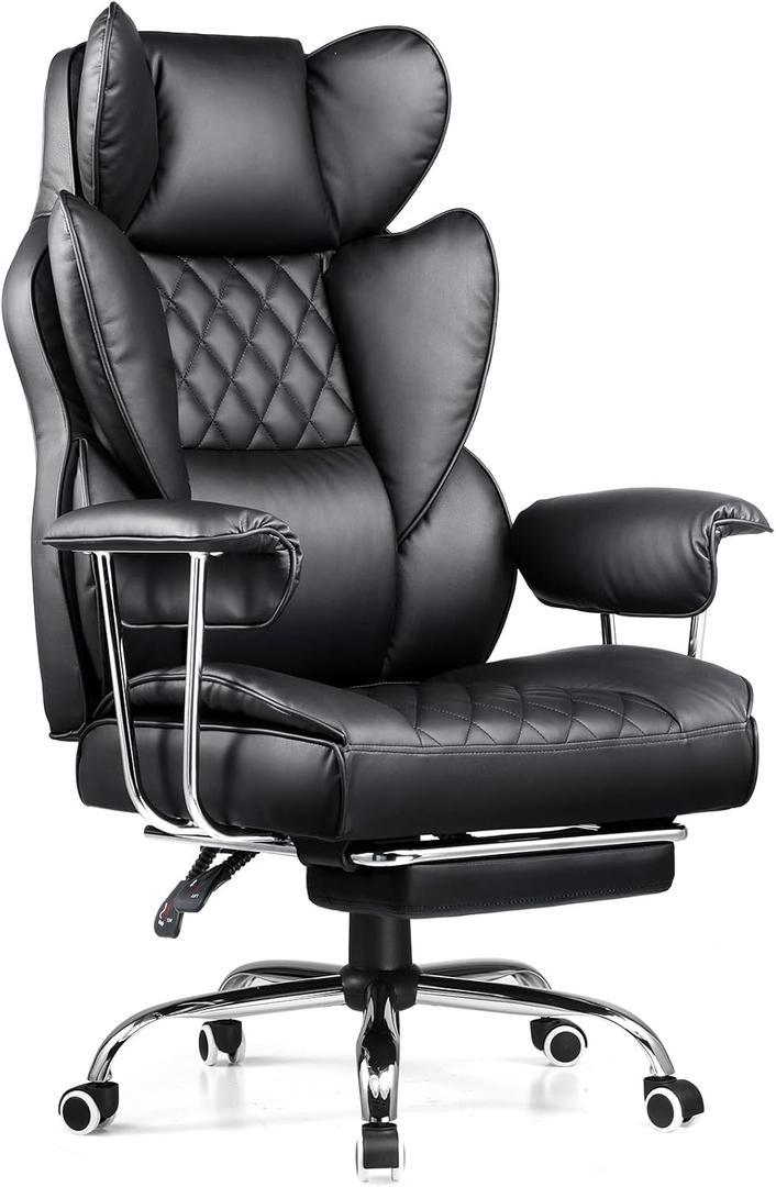 COMHOMA Big and Tall Office Chair, High Back Leather Gaming Chair with Footrest, Executive Ergonomic Office Chair with Pocket Spring Lumbar Support and with Outward Fixed Soft Armrests (Black)