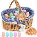 Easter Basket with Grass, 12 Plastic Eggs and Bunny Charm, Medium Oval Wicker Picnic Gift Basket with Lined Interior for Kids Egg Hunt, Candy, Toys, Spring Decor and Table Centerpieces, Blue Gingham