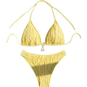 SHENHE Women's Two Piece Bikini Set Tie Back Textured Cheeky Halter Swimsuits Swimwear (Large, Yellow)