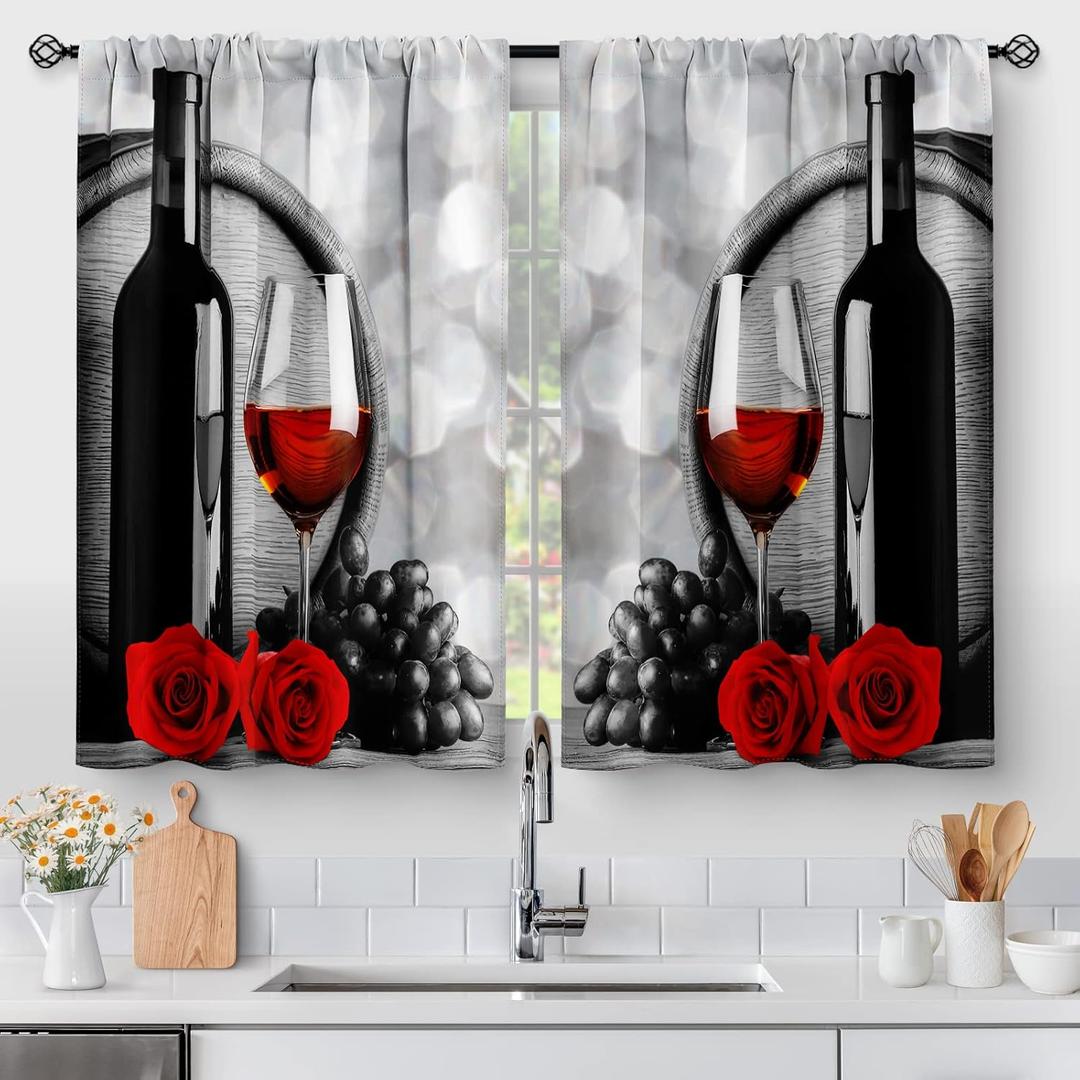 Red Rose and Wine Kitchen Curtains - Rustic Romantic Valentine Farmhouse Girls Women Short Tier Cafe Curtains Decor for Dining Room Art Country Rod Pocket Window Drapes 24 Inch Length 2 Panels Set