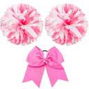 Hanaive Cheerleading Pom Poms and Large Cheerleader Hair Bow for Girl, 3 Count (12 Inch Large Metallic Pink and White Mixed, Matte) for Sports Team Spirit Cheering