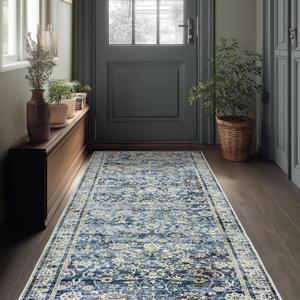 Dark Blue 2x6 Runner Rug for Hallway Low Pile Retro Rugs Non Slip Washable