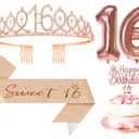 2 x Papoopy 5Pcs Birthday Decorations with Crown Tiara, Sash, Cake Topper, Candle and Number Balloon for Gifts, 16th Birthday Gifts for Her