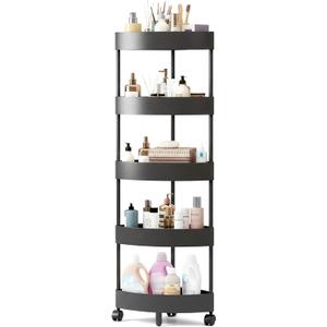 Durable 5-Tier Corner Storage Shelf with Wheels  Triangle Rolling Rack for Bathroom Organizers and Storage  Space-Saving Black Plastic