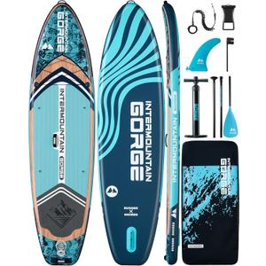 11'x34 Ultra Wide Paddleboard, Inflatable SUP&430lb Capacity for All Skill, Stand-up Paddle Board for Yoga/Family, EVA Deck, US Fin, High-Pressure Pump, 100L Bag, Safety Leash,  Woodgrain Blue 