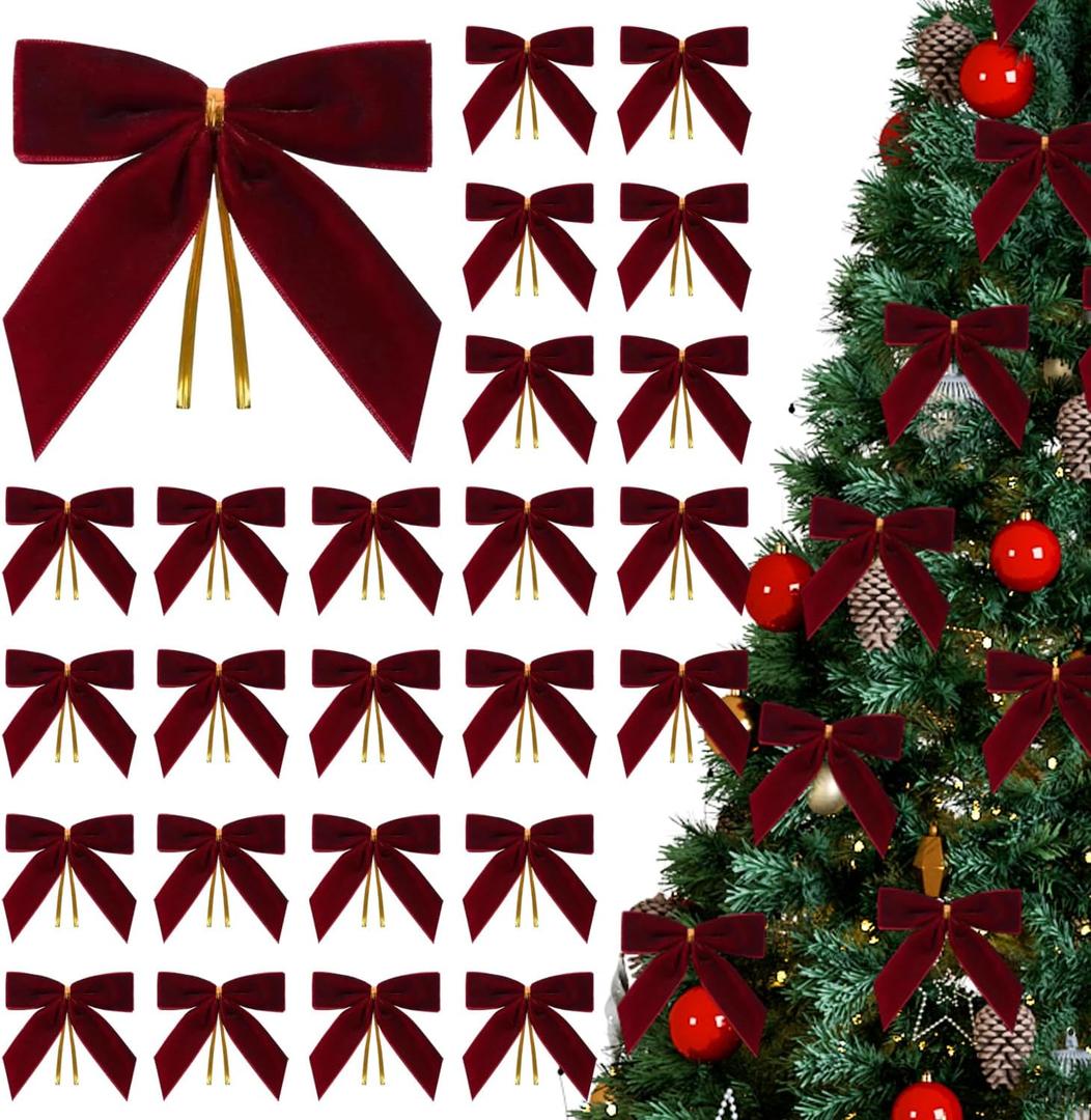 24PCS Velvet Bows with Twist Tie 3.5 Inch Burgundy Vintage Christmas Velvet Ribbon Bows for Christmas Tree Gift Wrapping Wedding Brithday Party Home Decor (3.5" Burgundy)