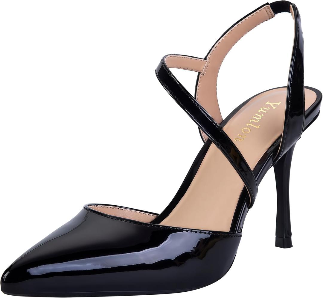Closed Toe Slingback Heels Wedding High Stiletto Heel for Women 3.3 Inch Ankle Strap Pointed Toe Pumps Prom Dress Bride Shoes for Dinner Party Sexy (9, Black Patent)