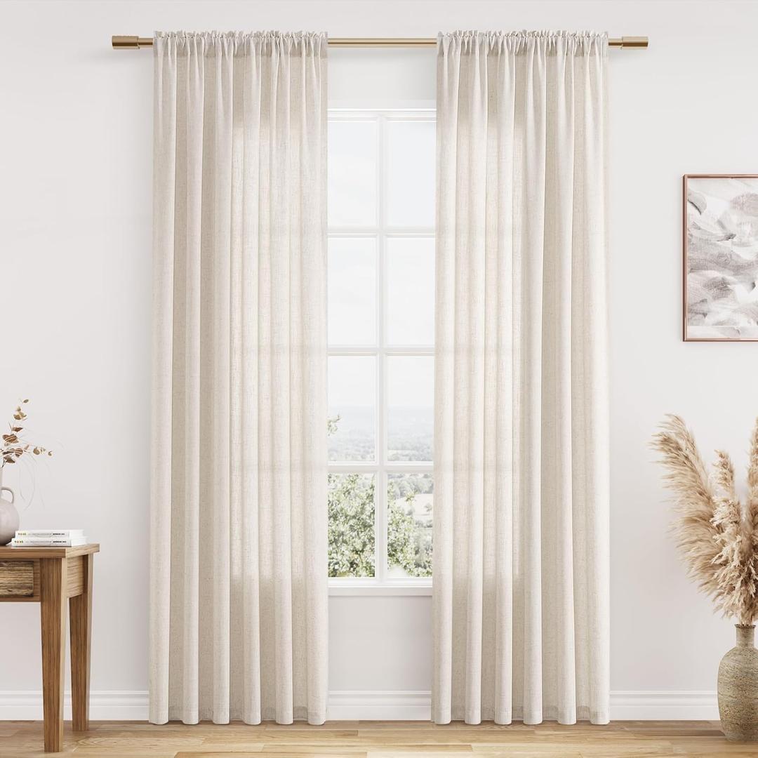 Guken Warm Beige Linen Curtains 84 Inches Long 2 Panel Set Rod Pocket Semi Sheer Dining Room Cozy Bedroom Decor Cotton Look Country Rustic Farmhouse Boho Curtains 52x84