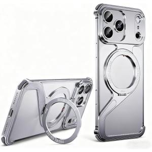HUHUCASE for iPhone 17/16/15/14/13promax Mobile Phone Case Creative Skeleton Z-Shaped Anti-Fall Heat Dissipation Metal Frameless Magnetic Bracket (Silver,iPhone 16 Pro)