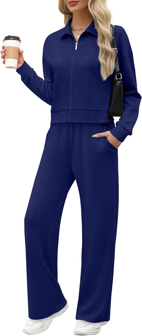 XIEERDUO Lounge Sets for Women 2025 Sweatsuit 2 Piece Outfits Sweatshirt Wide Leg Sweatpant Tracksuit Matching Set (XX-Large, Navy Blue)