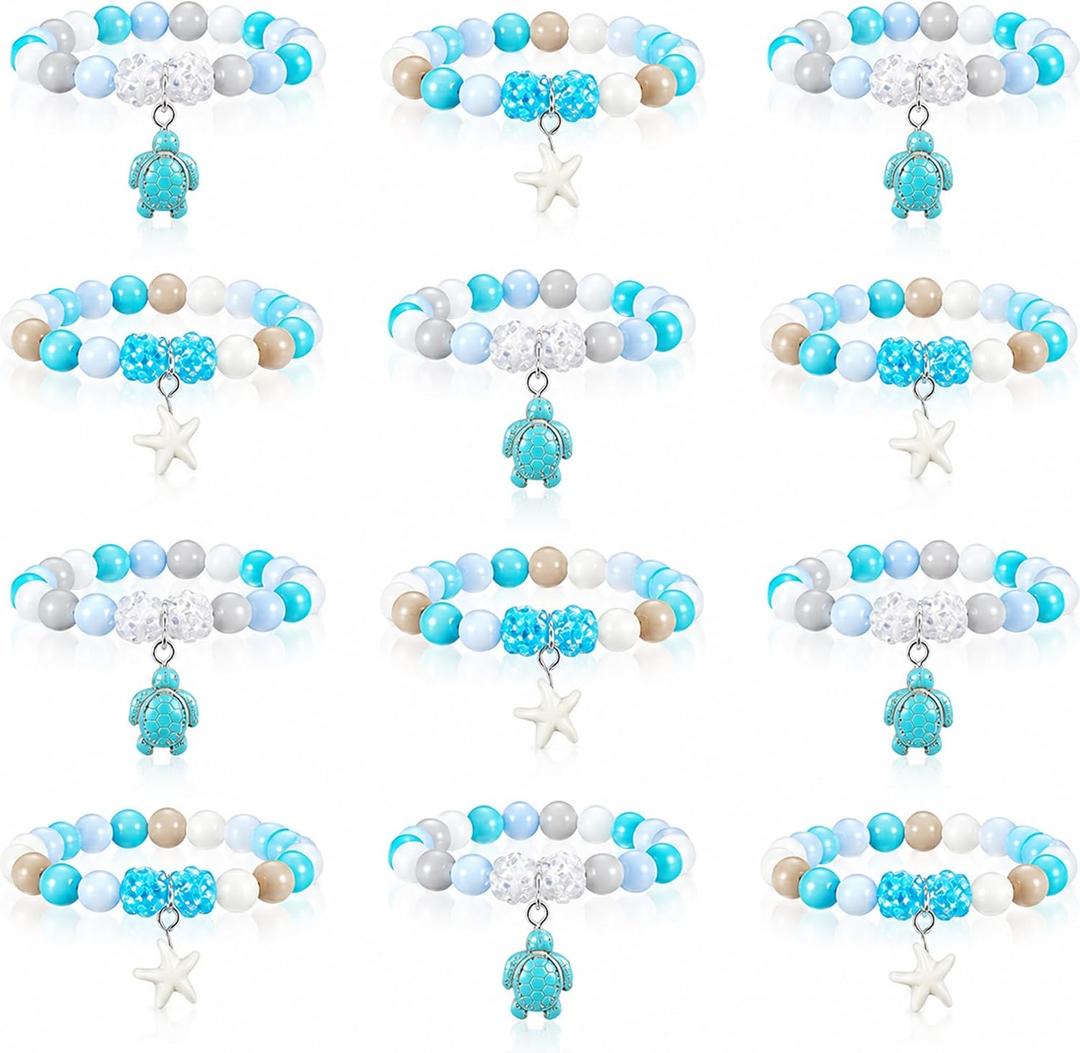 Ecally 12 Pcs Beach Theme Party Favors for Kids Under The Sea Beaded Bracelets Bulk Ocean Party Supplies Summer Turtle Starfish Bracelets for Birthday Princess Goodie Bag Stuffers Prize Gifts