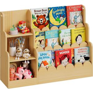Trironsun 3-Tier Scalloped Kids Bookshelf Montessori Wooden Bookcase with Toy Storage Front Facing Toddler Book Display Organizer for Nursery Playroom and Classroom (Natural Wood), 10.63 x 36.61 x 27.56 inches