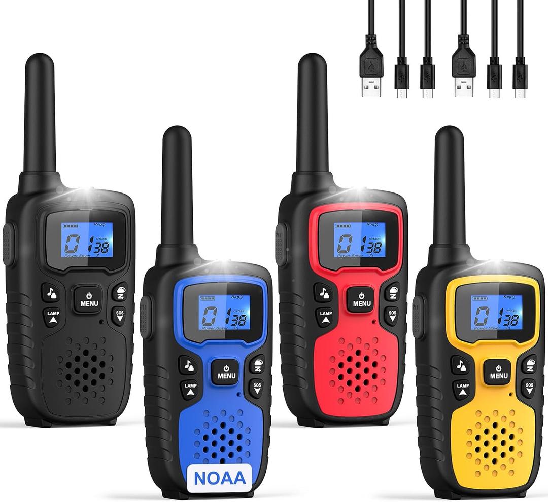 Wishouse Walkie Talkies for Adults Long Range-Rechargeable 4 Pack 2 Way Radios, Hiking Accessories Camping Gear Xmas Birthday Gift for Kids Family with Lamp,SOS Siren,NOAA Weather Alert,Easy to Use (Black Blue Red Yellow)
