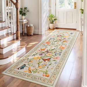 Beige Floral 5x7 Washable Area Rug, Non-Slip Low-Pile Carpet for Living Room, Bedroom