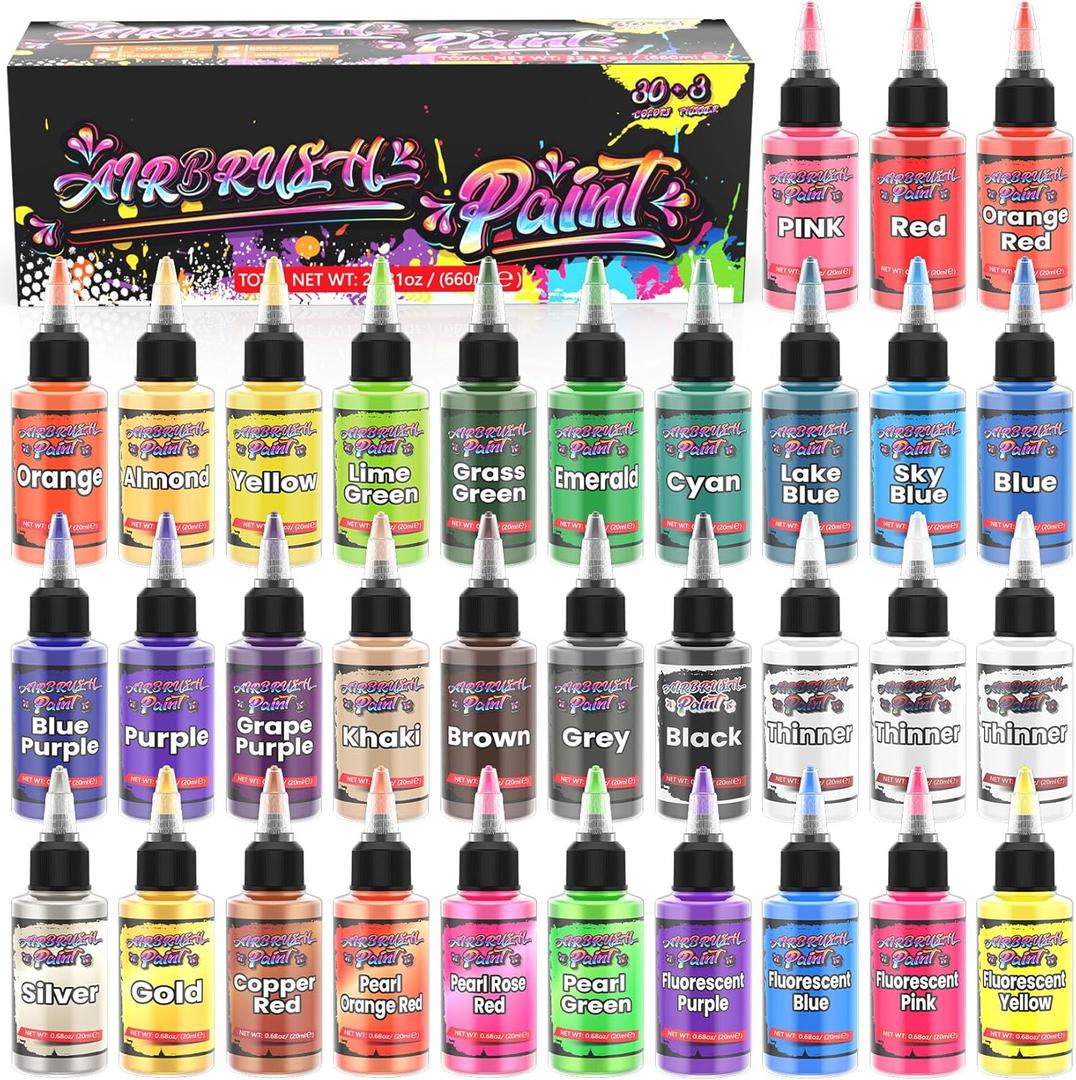 Airbrush Paint - 33 Colors with Thinner, Ready to Airbrush Paint Set, Metallic & Pearlescent Shades, Water Based Acrylic Air Brush Paints Set for Artists, Hobbyists, DIY Crafts - 20 ML