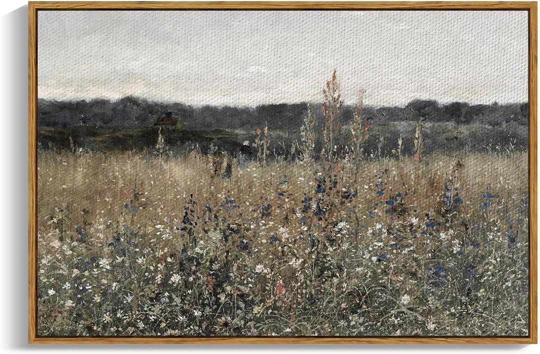 InSimSea Framed Canvas Wall Art, Landscape Art, Meadow with Flowers, Modern Farmhouse Decor, Cottagecore Bedroom Bathroom Office Decor, 24"x36" (36L" x 24W", Champ Fleuri)